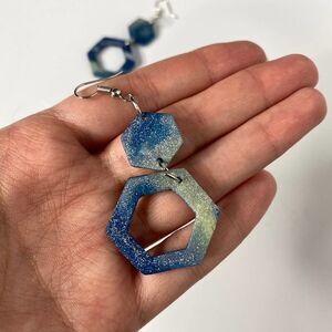 Handmade Polymer Geometric Glitter Reversible Dangly Clay Earrings Blue Hexagon